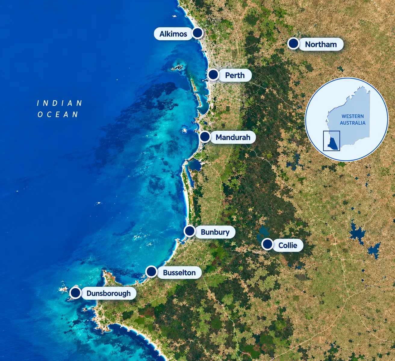Map showing Purenest Australia service locations across Alkimos, Perth, Northam, Mandurah, Bunbury, Collie, Busselton and Dunsborough in Western Australia